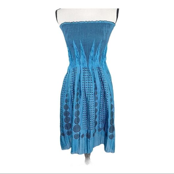 MAX STUDIO Smocked Strapless Blue/Black OS Dress - Picture 1 of 14
